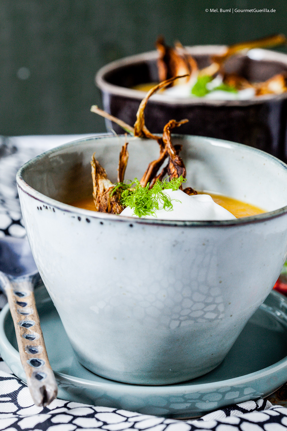 Melon and carrot soup with chili foam and crunchy fennel | GourmetGuerilla.com