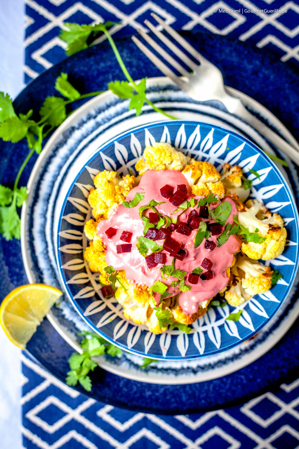 Oven-baked Cauliflower with Pretty Pink Tahina Sauce | GourmetGuerilla.com